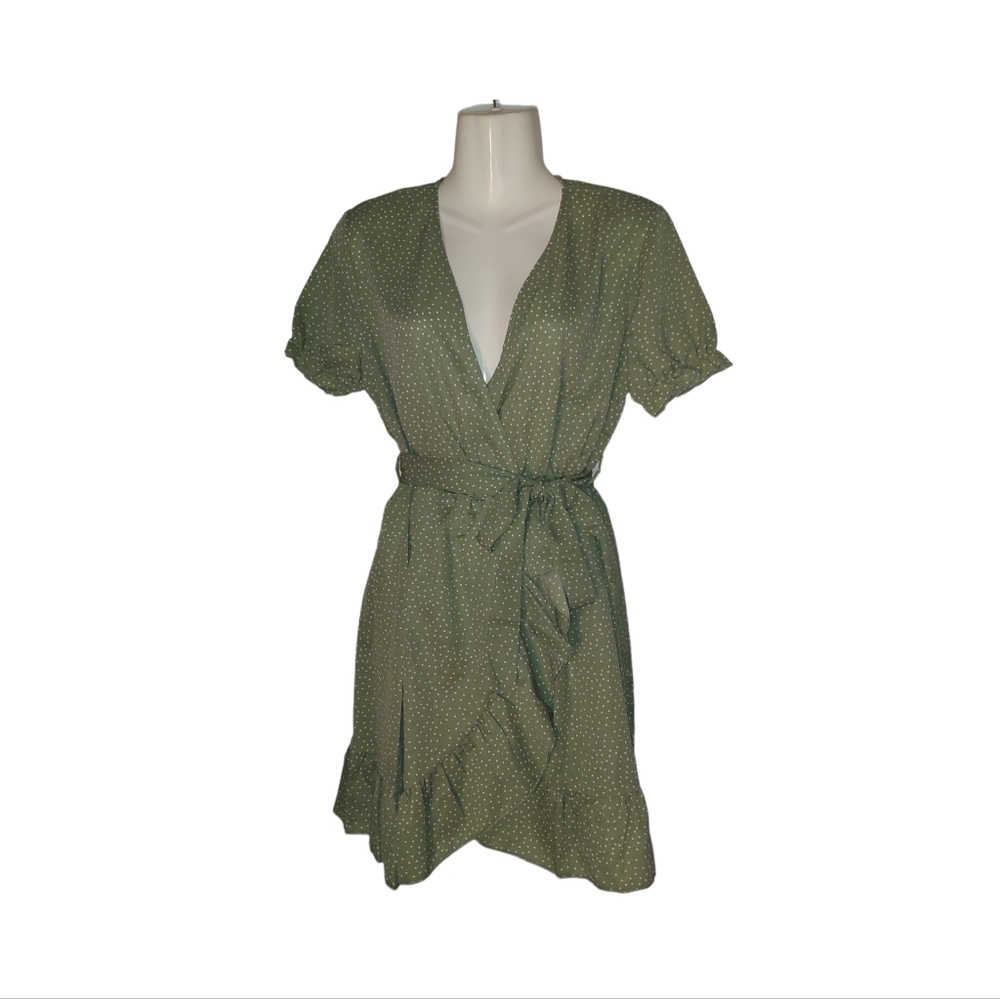 Green Polka Dot Ruffle Wrap Dress